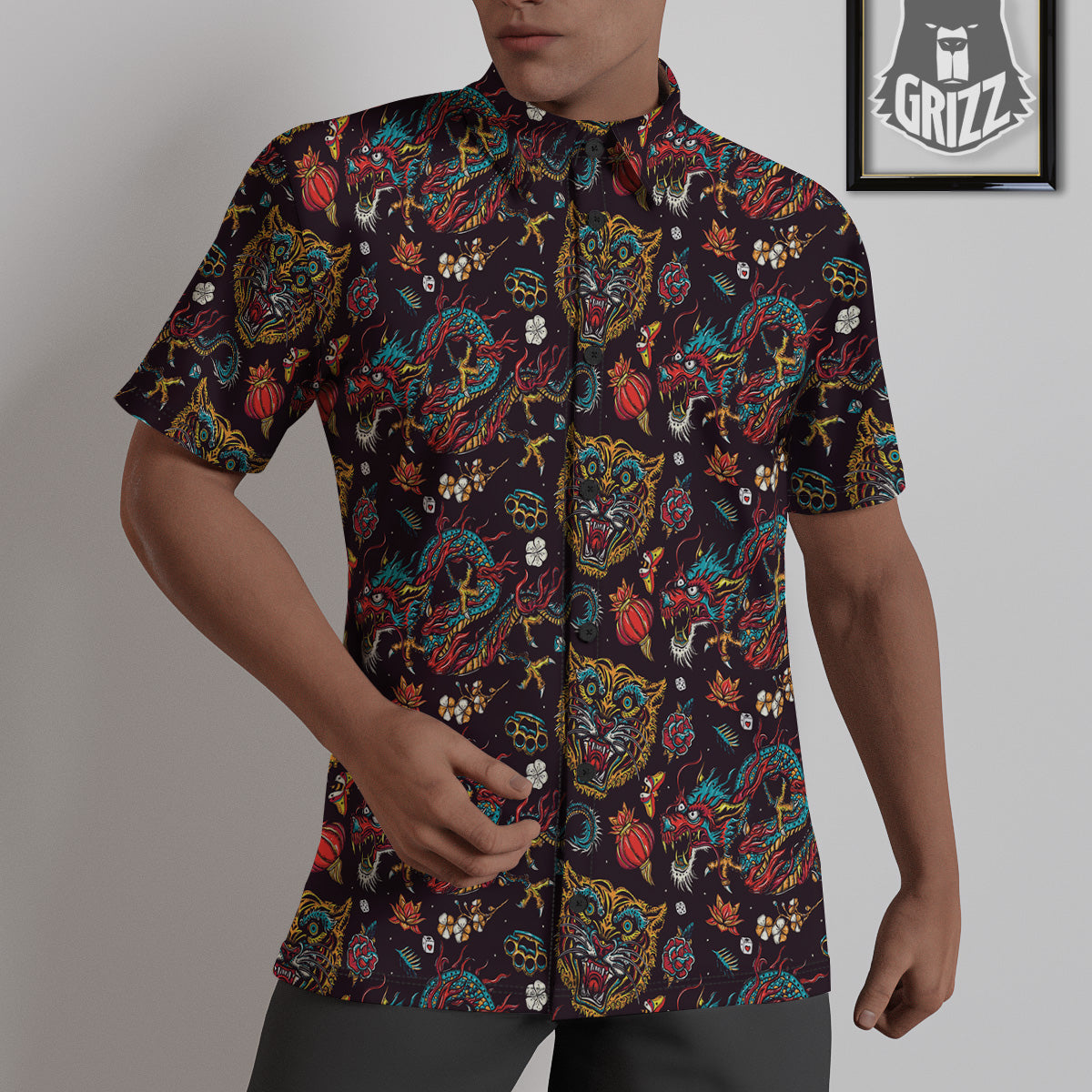 Tigers And Dragons Colorful Tattoo Print Pattern Untucked Shirts-grizzshop