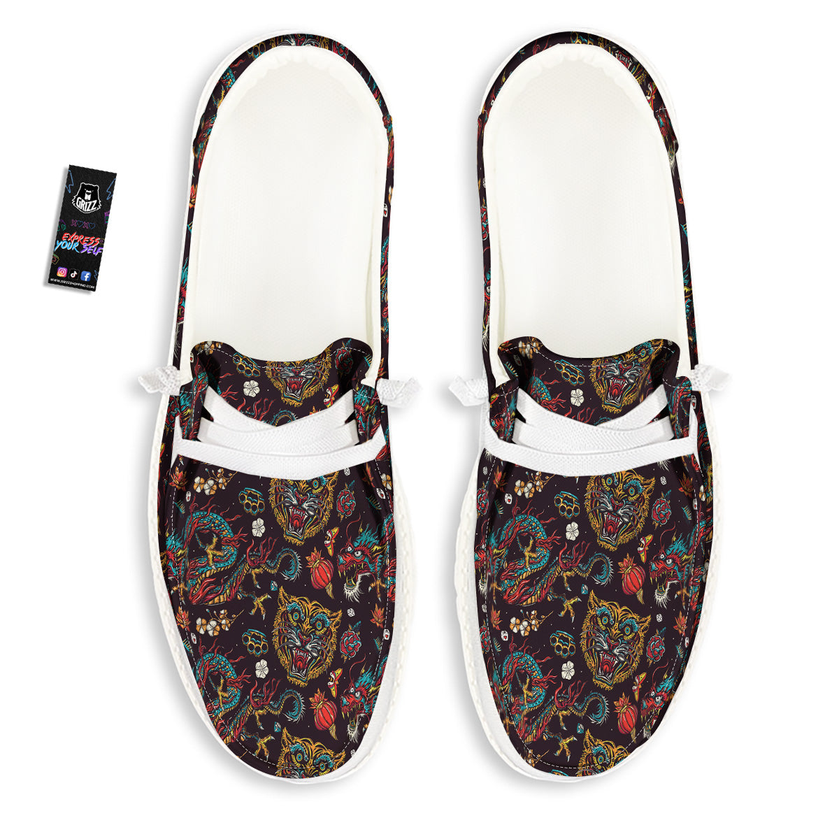 Tigers And Dragons Colorful Tattoo Print Pattern White Loafers-grizzshop