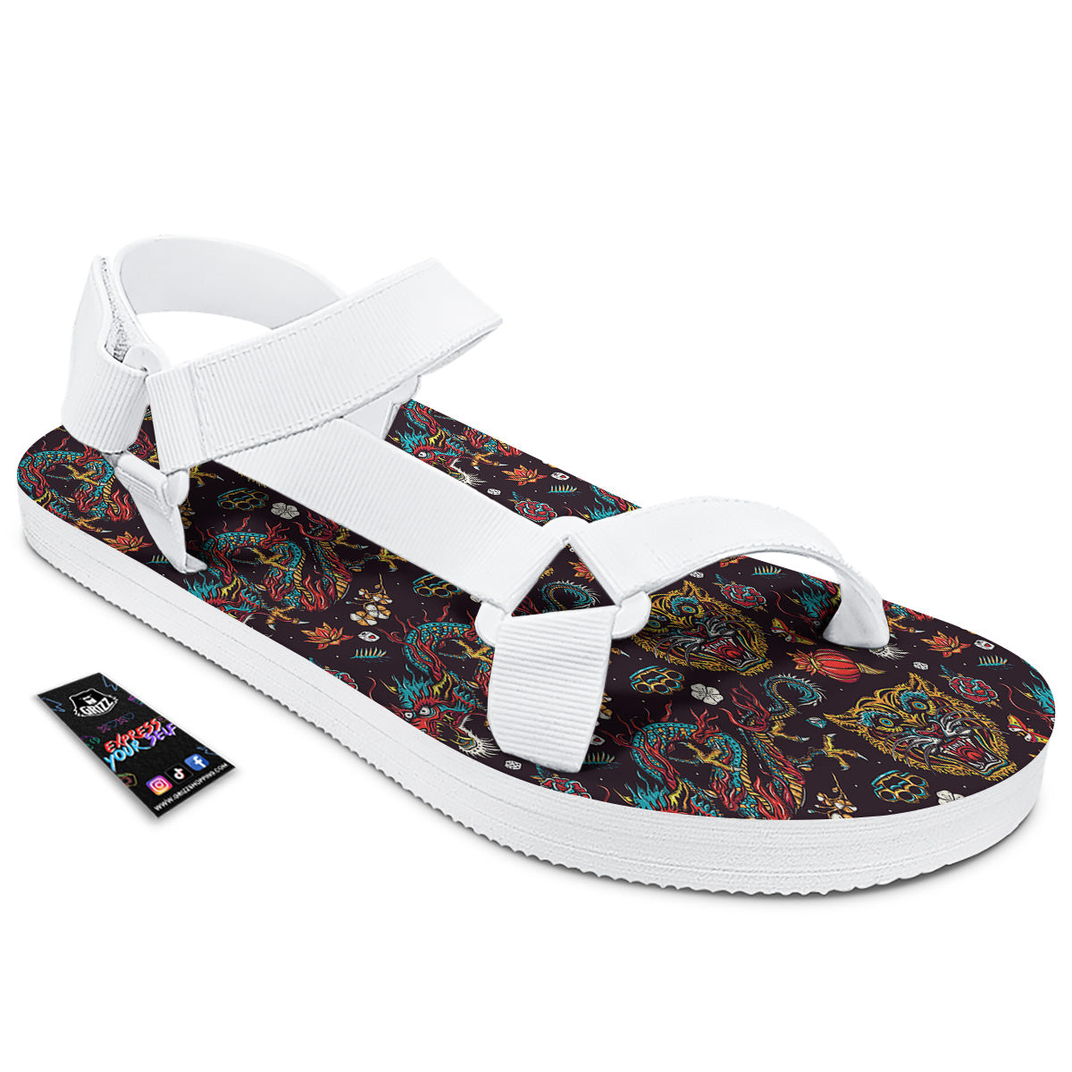 Tigers And Dragons Colorful Tattoo Print Pattern White Open Toe Sandals-grizzshop