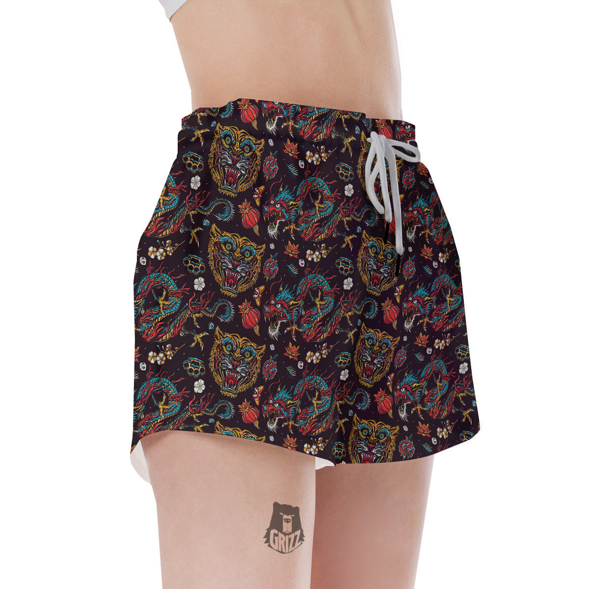 Tigers And Dragons Colorful Tattoo Print Pattern Women's Shorts-grizzshop