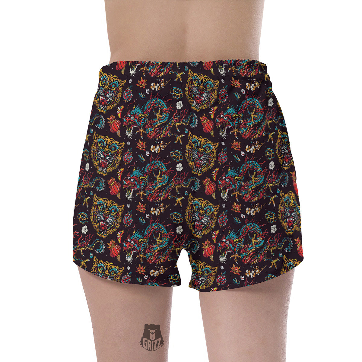 Tigers And Dragons Colorful Tattoo Print Pattern Women's Shorts-grizzshop