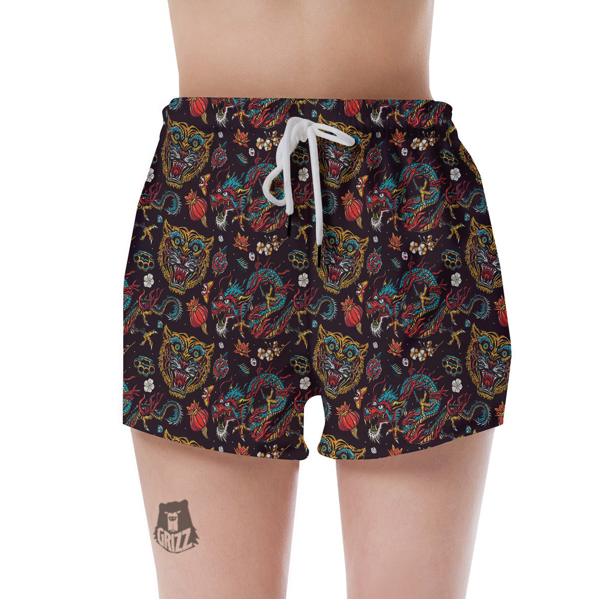 Tigers And Dragons Colorful Tattoo Print Pattern Women's Shorts-grizzshop