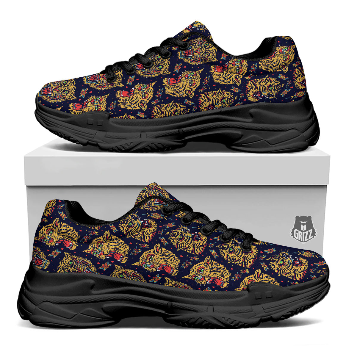 Tigers Head Tattoo Print Pattern Black Chunky Shoes-grizzshop