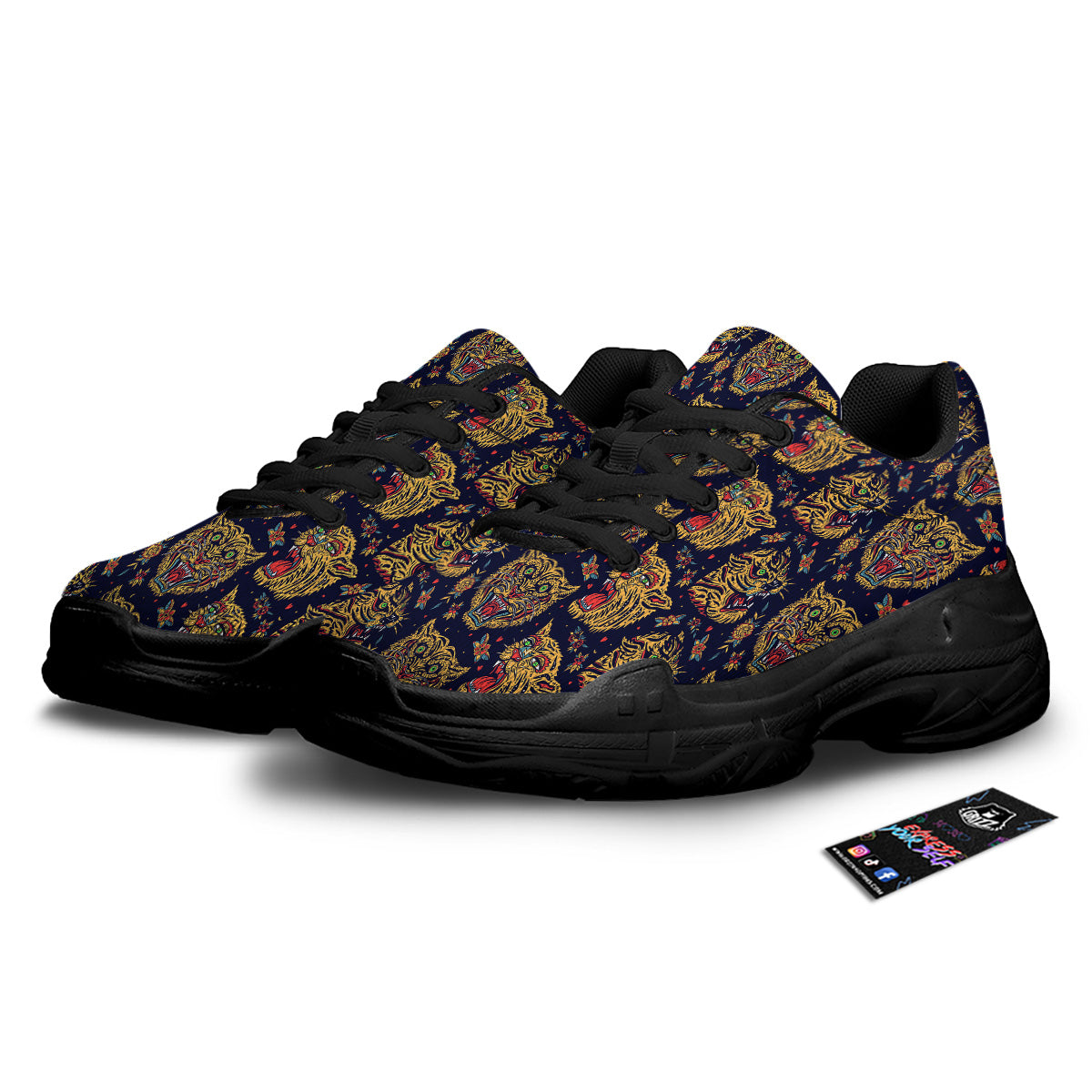 Tigers Head Tattoo Print Pattern Black Chunky Shoes-grizzshop