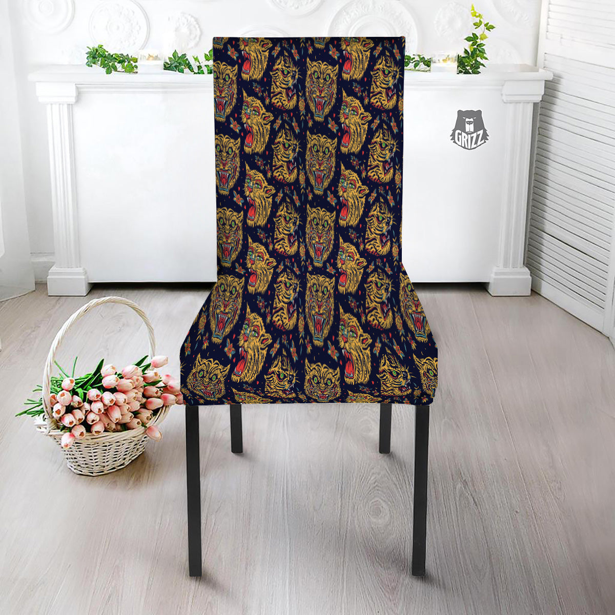 Tigers Head Tattoo Print Pattern Dining Chair Slipcover-grizzshop