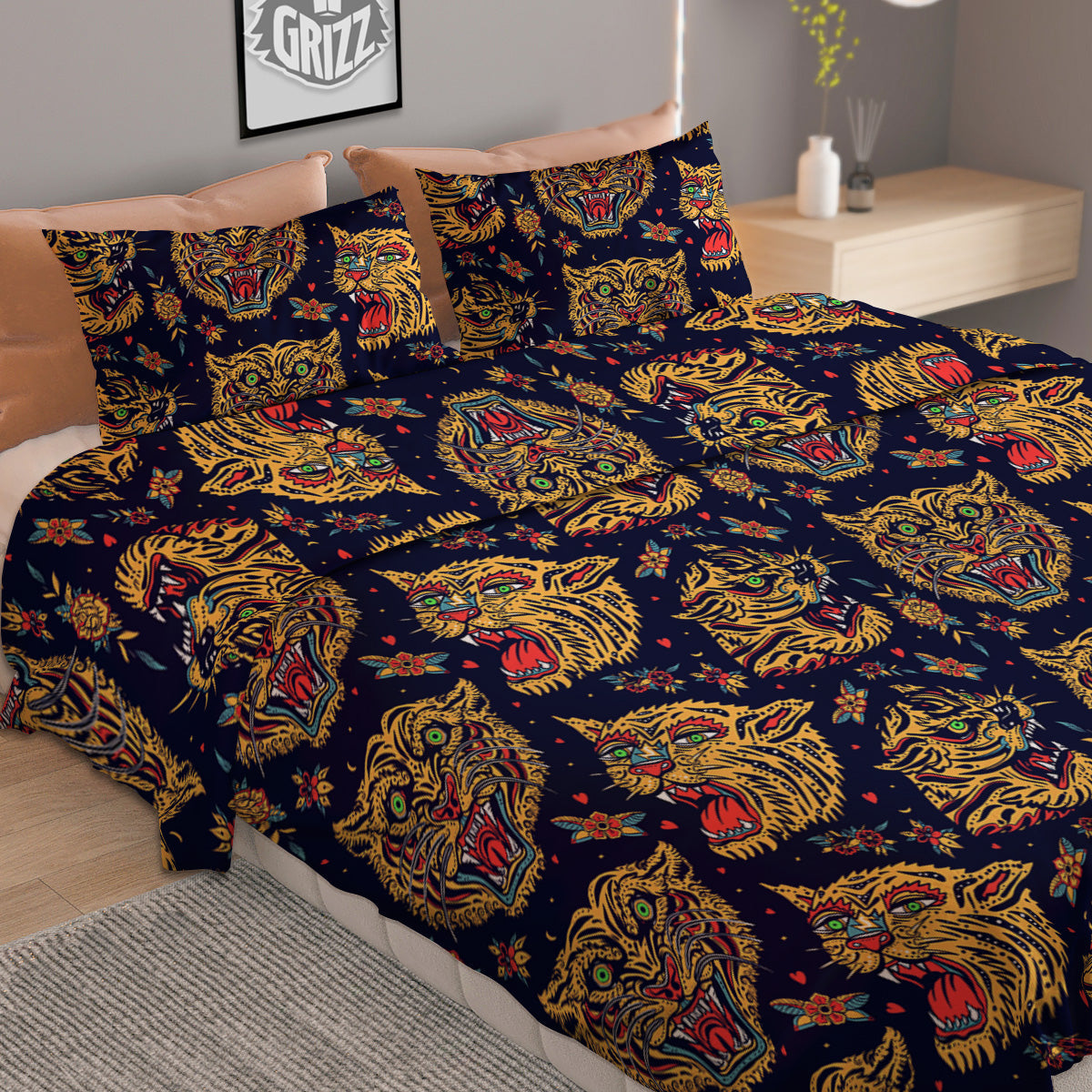 Tigers Head Tattoo Print Pattern Duvet Cover Bedding Set