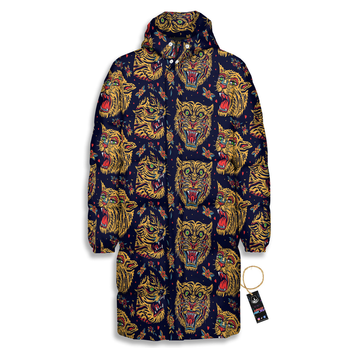 Tigers Head Tattoo Print Pattern Long Down Jacket-grizzshop