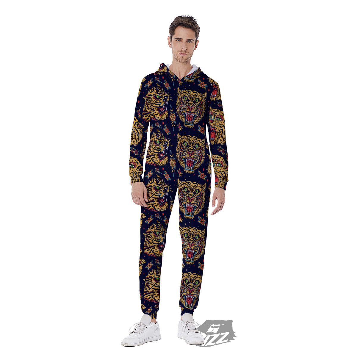 Tigers Head Tattoo Print Pattern Men's Jumpsuit-grizzshop