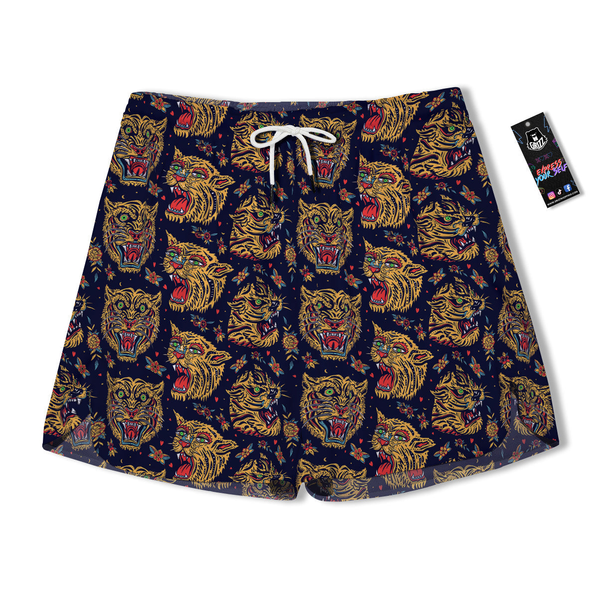 Tigers Head Tattoo Print Pattern Men's Running Shorts-grizzshop