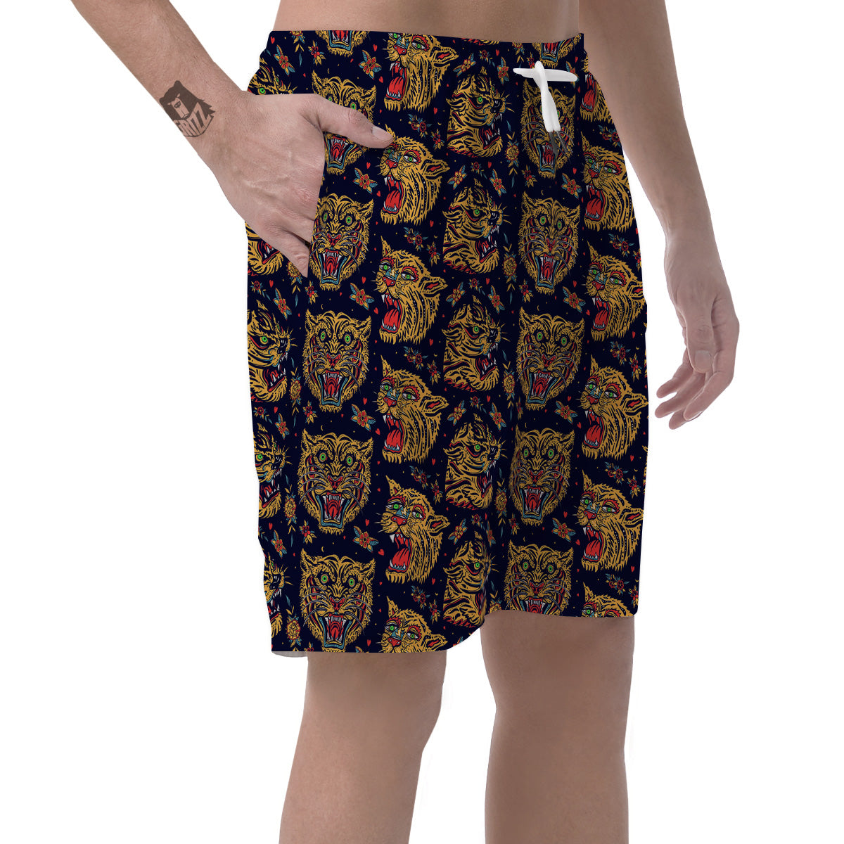 Tigers Head Tattoo Print Pattern Men's Shorts-grizzshop