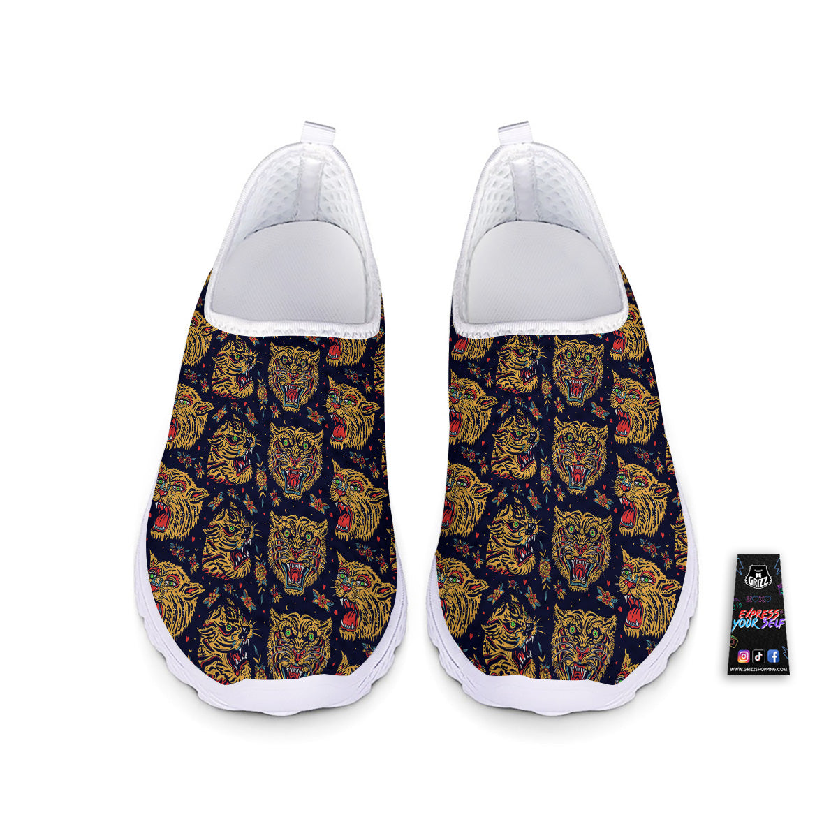 Tigers Head Tattoo Print Pattern Nurse Shoes-grizzshop