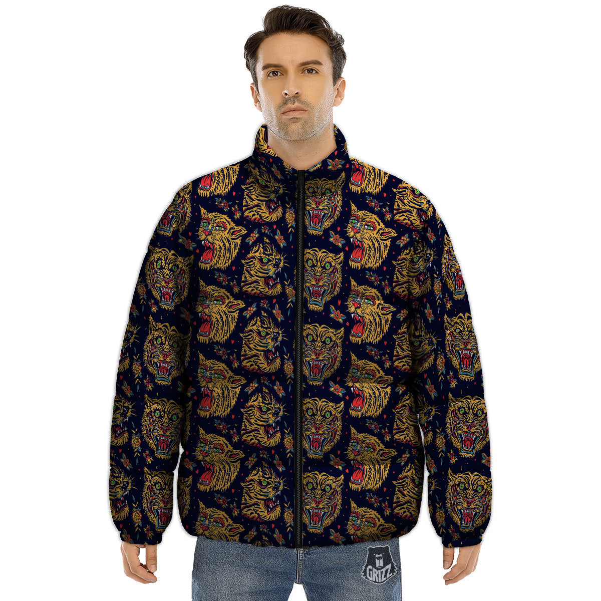 Tigers Head Tattoo Print Pattern Puffer Jacket-grizzshop