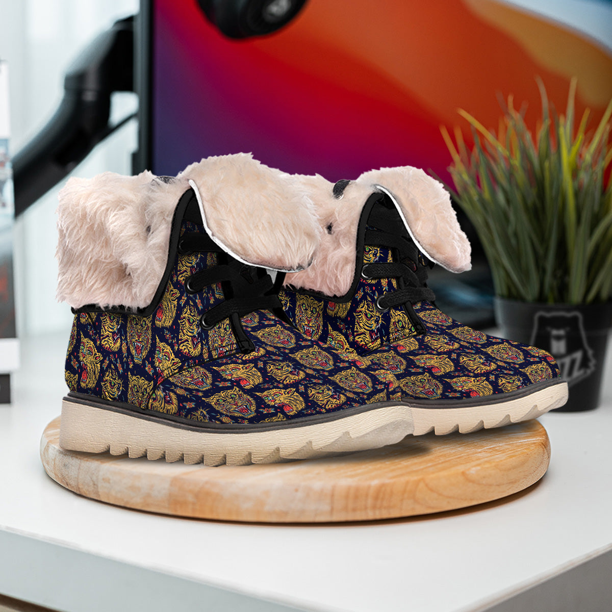 Tigers Head Tattoo Print Pattern Snow Boots-grizzshop