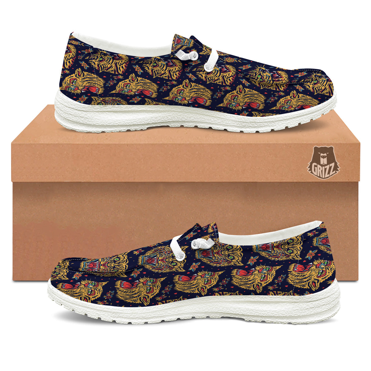 Tigers Head Tattoo Print Pattern White Loafers-grizzshop