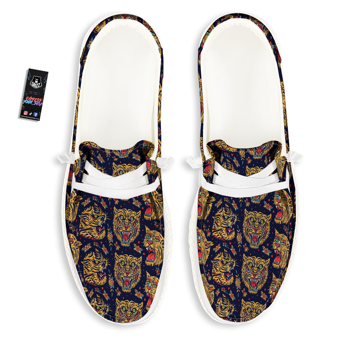 Tigers Head Tattoo Print Pattern White Loafers-grizzshop