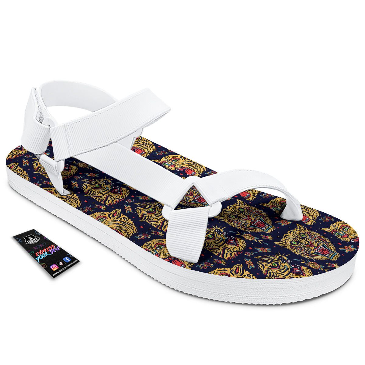 Tigers Head Tattoo Print Pattern White Open Toe Sandals-grizzshop