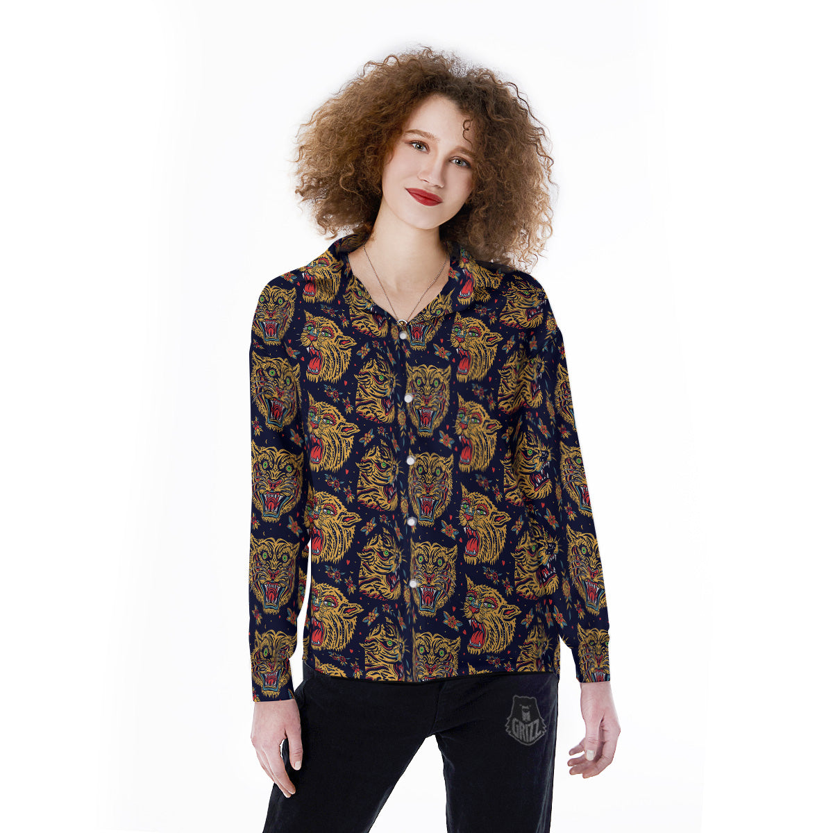 Tigers Head Tattoo Print Pattern Women's Long Sleeve Shirts-grizzshop