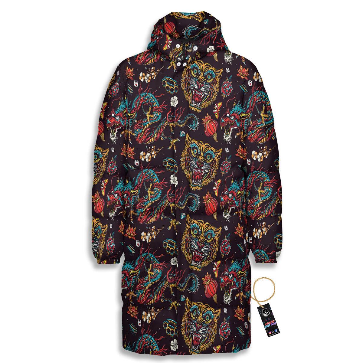 Tigers And Dragons Colorful Tattoo Print Pattern Long Down Jacket