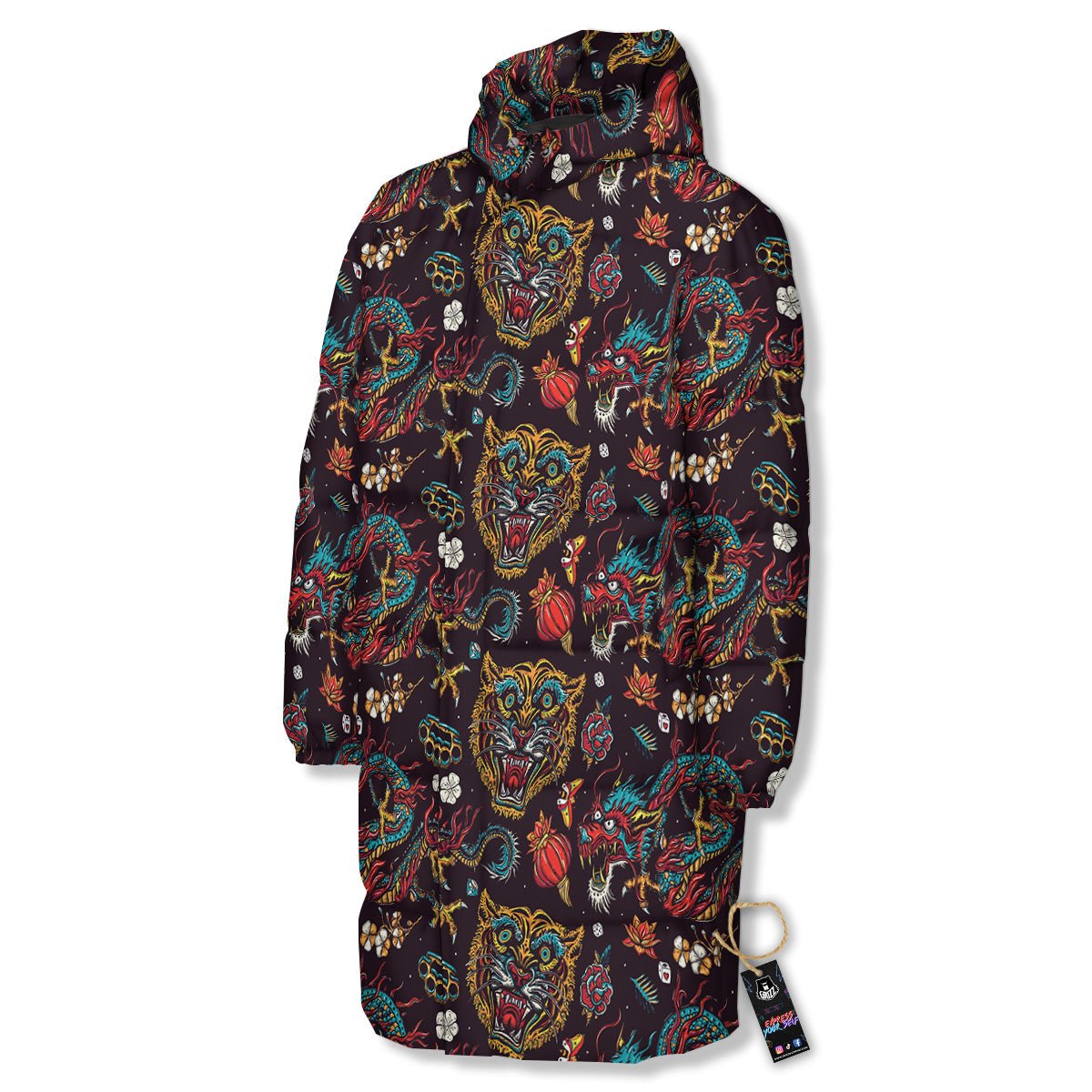 Tigers And Dragons Colorful Tattoo Print Pattern Long Down Jacket