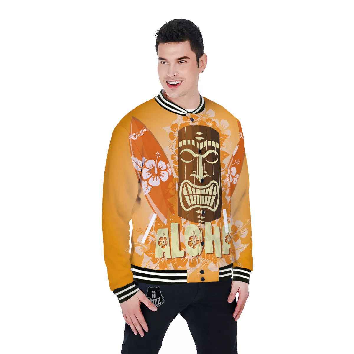 Tiki Aloha Print Baseball Jacket-grizzshop