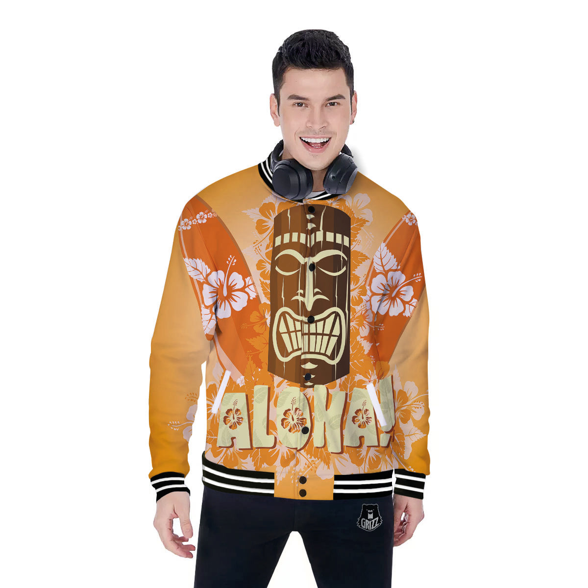 Tiki Aloha Print Baseball Jacket-grizzshop