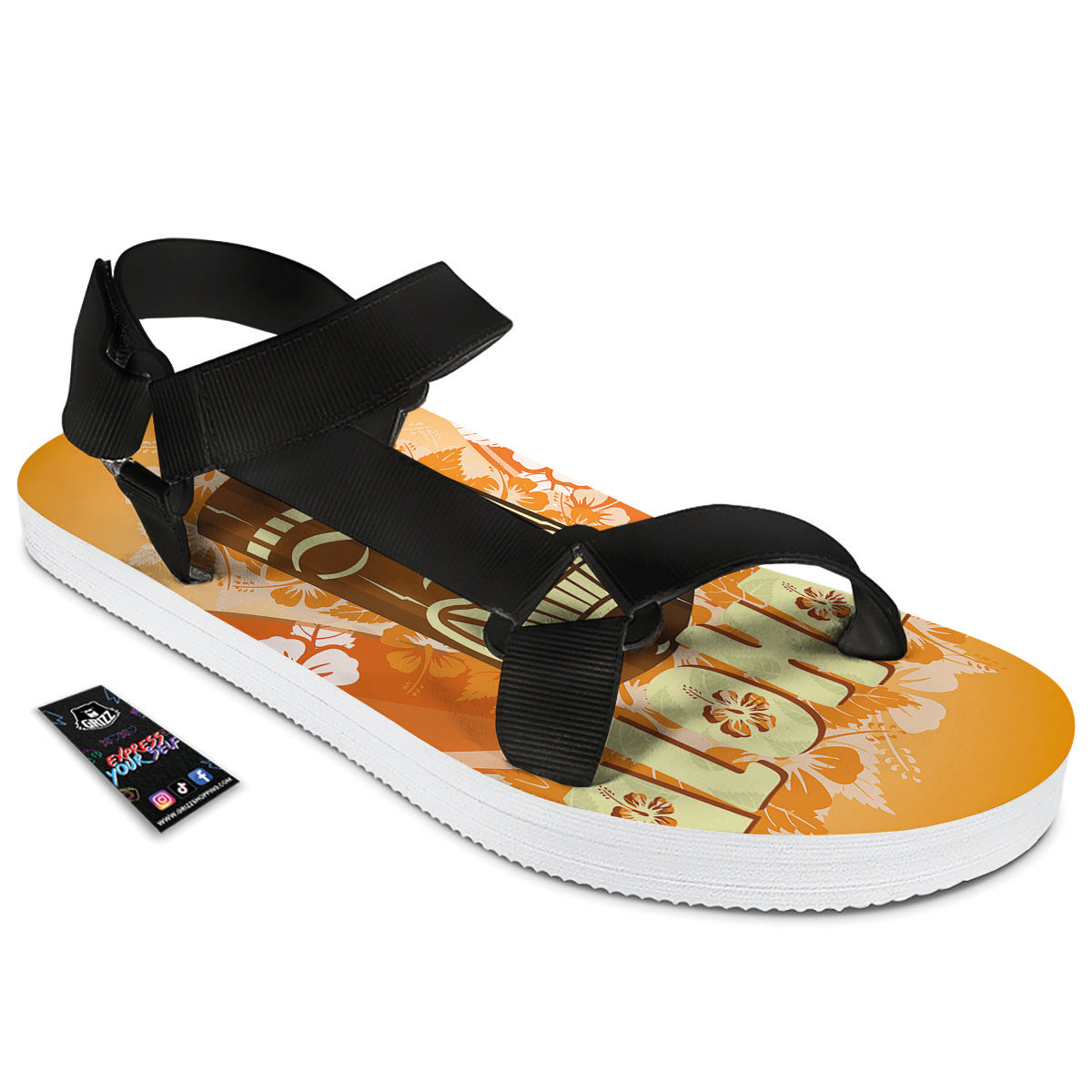 Tiki Aloha Print Black Open Toe Sandals-grizzshop