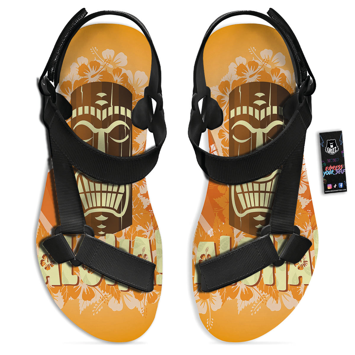 Tiki Aloha Print Black Open Toe Sandals-grizzshop