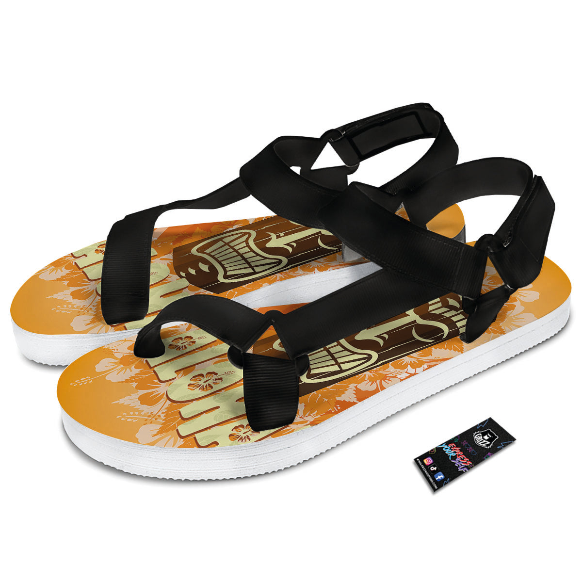 Tiki Aloha Print Black Open Toe Sandals-grizzshop