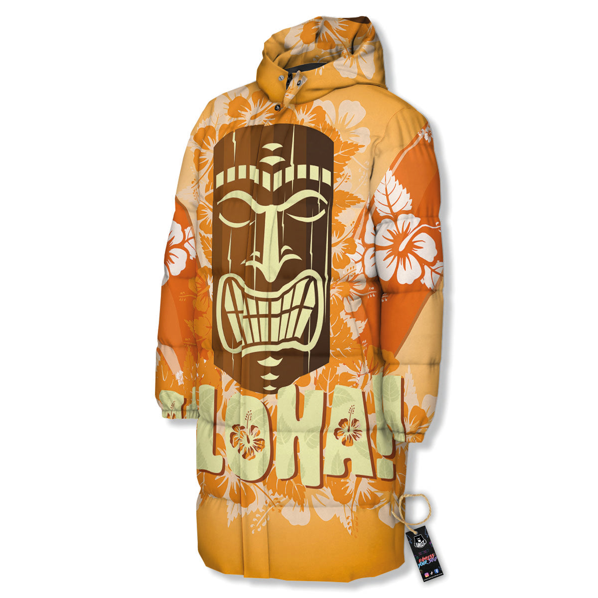 Tiki Aloha Print Long Down Jacket-grizzshop