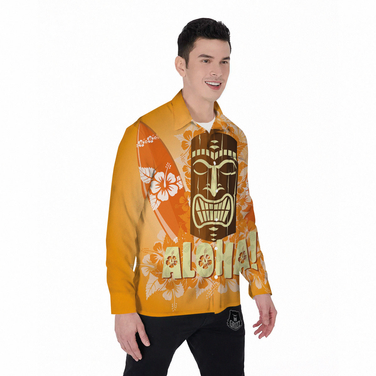 Tiki Aloha Print Men's Long Sleeve Shirts-grizzshop