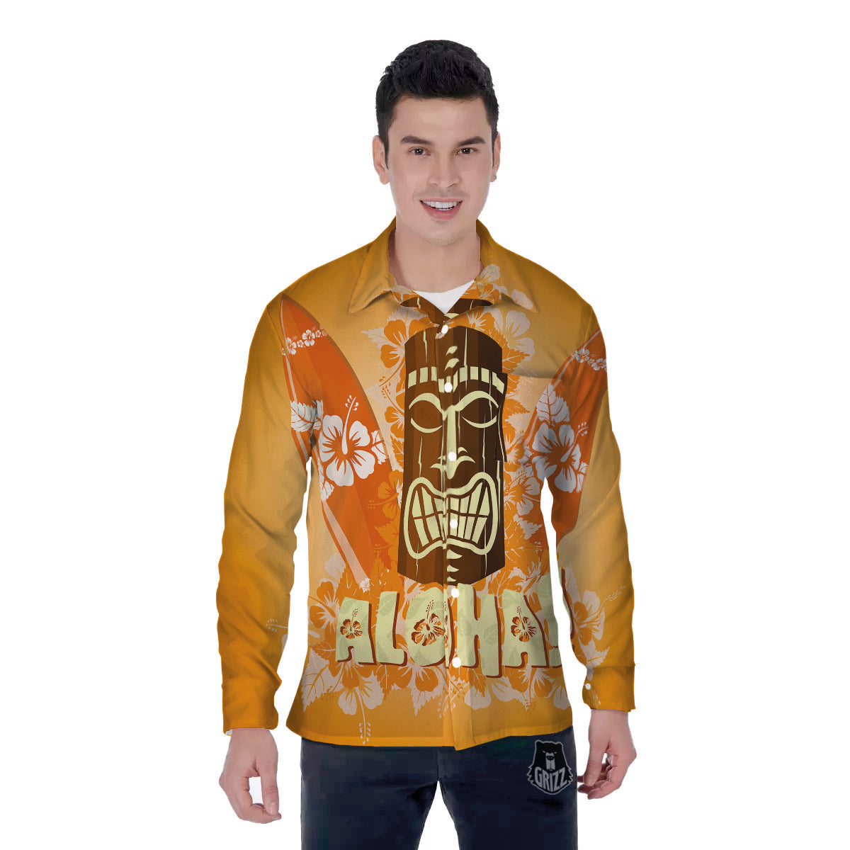 Tiki Aloha Print Men's Long Sleeve Shirts-grizzshop