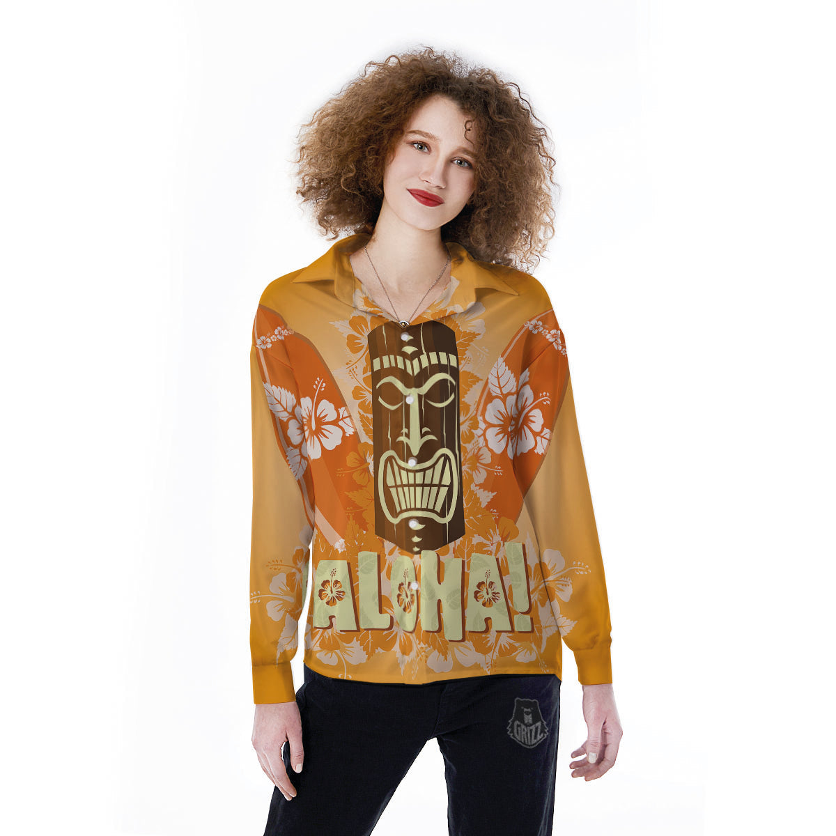Tiki Aloha Print Women's Long Sleeve Shirts-grizzshop
