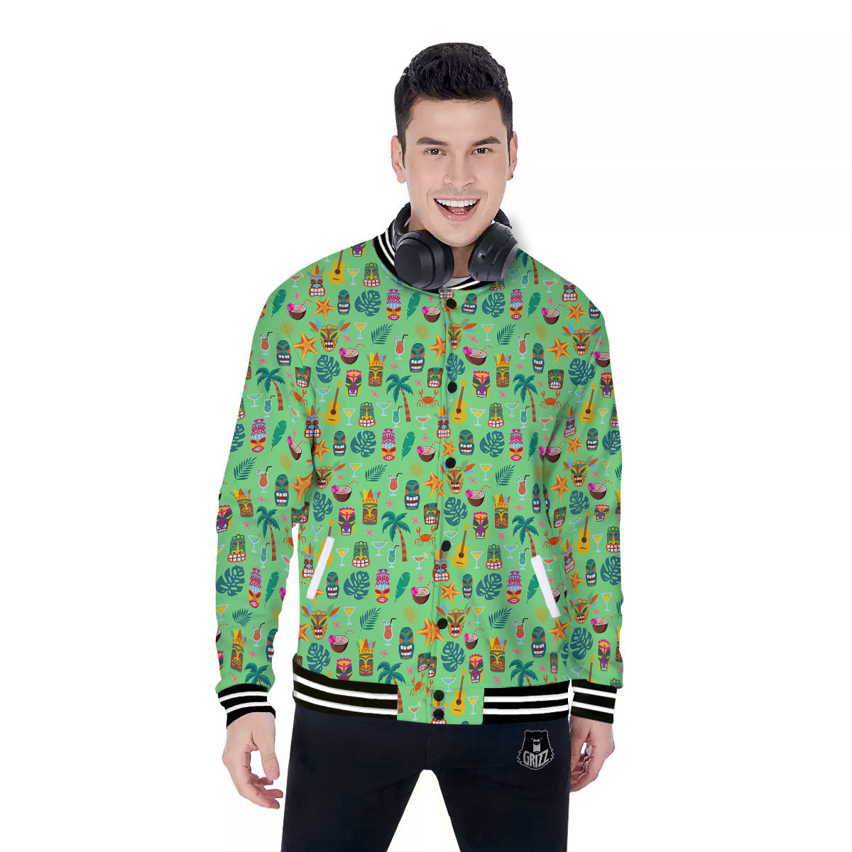 Tiki Colorful Print Pattern Baseball Jacket-grizzshop