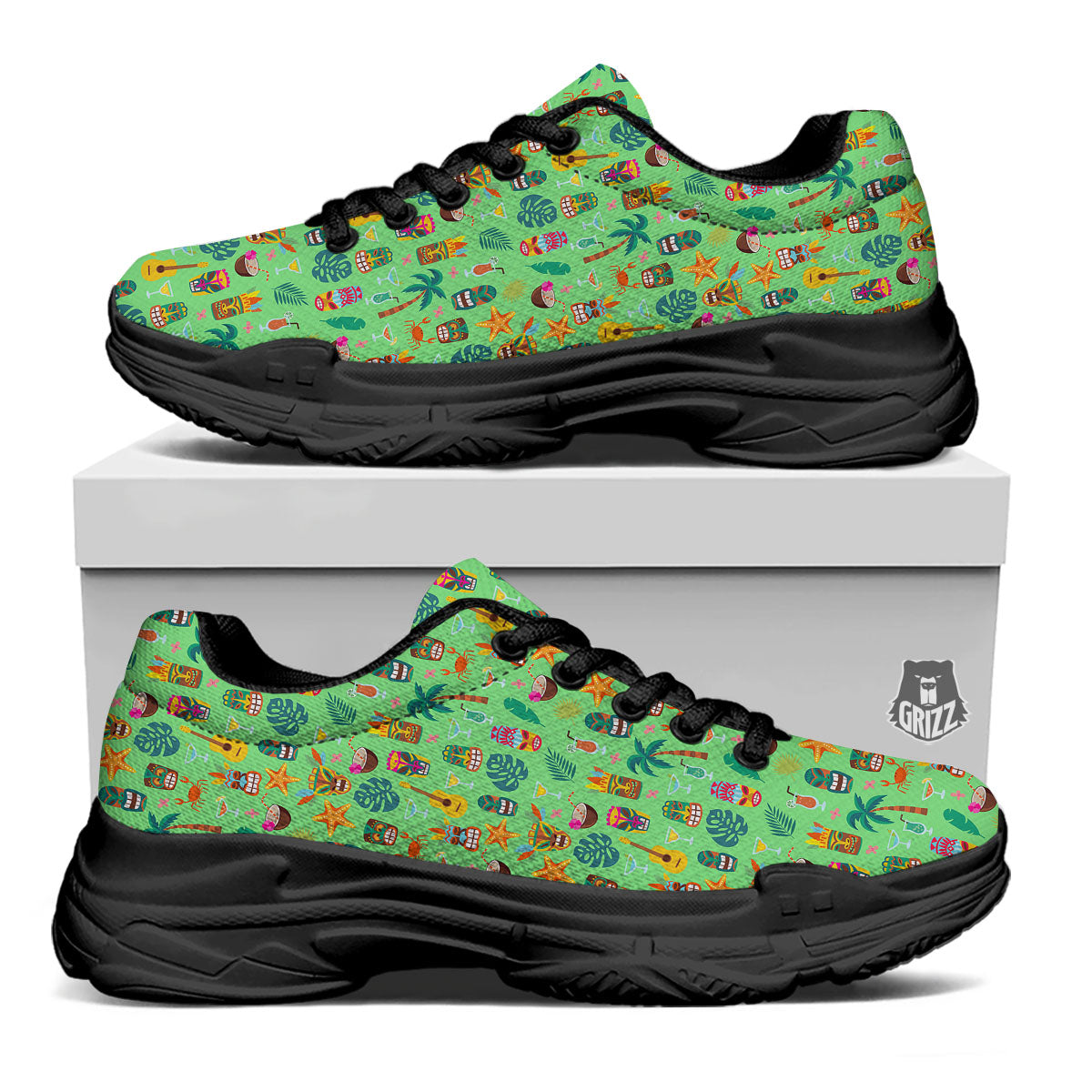 Tiki Colorful Print Pattern Black Chunky Shoes-grizzshop