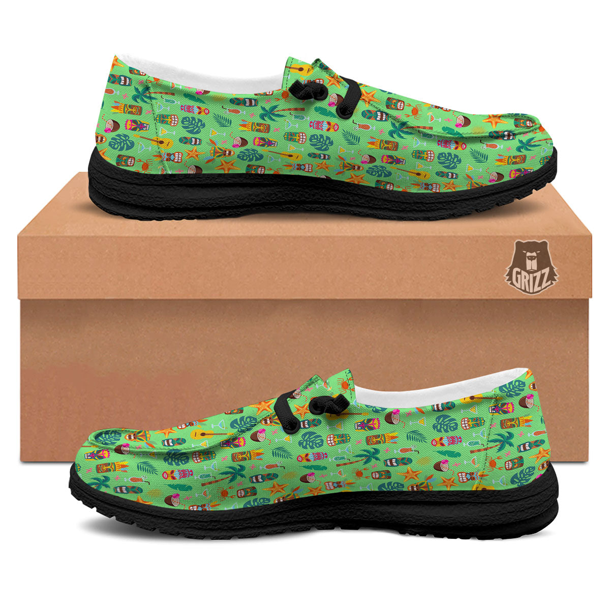 Tiki Colorful Print Pattern Black Loafers-grizzshop