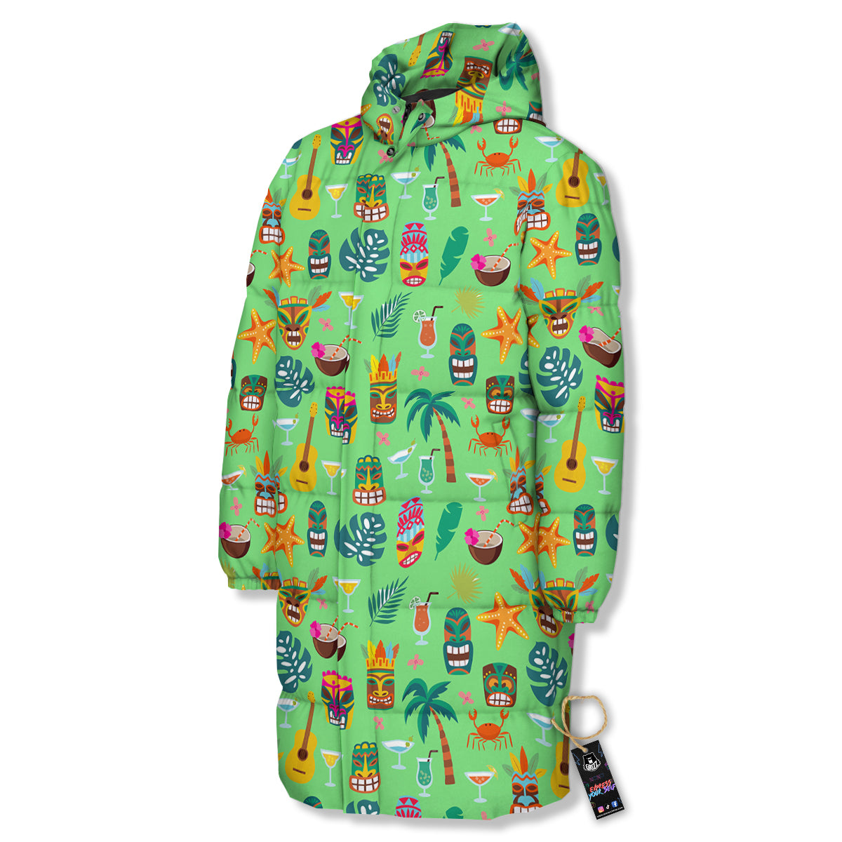 Tiki Colorful Print Pattern Long Down Jacket-grizzshop