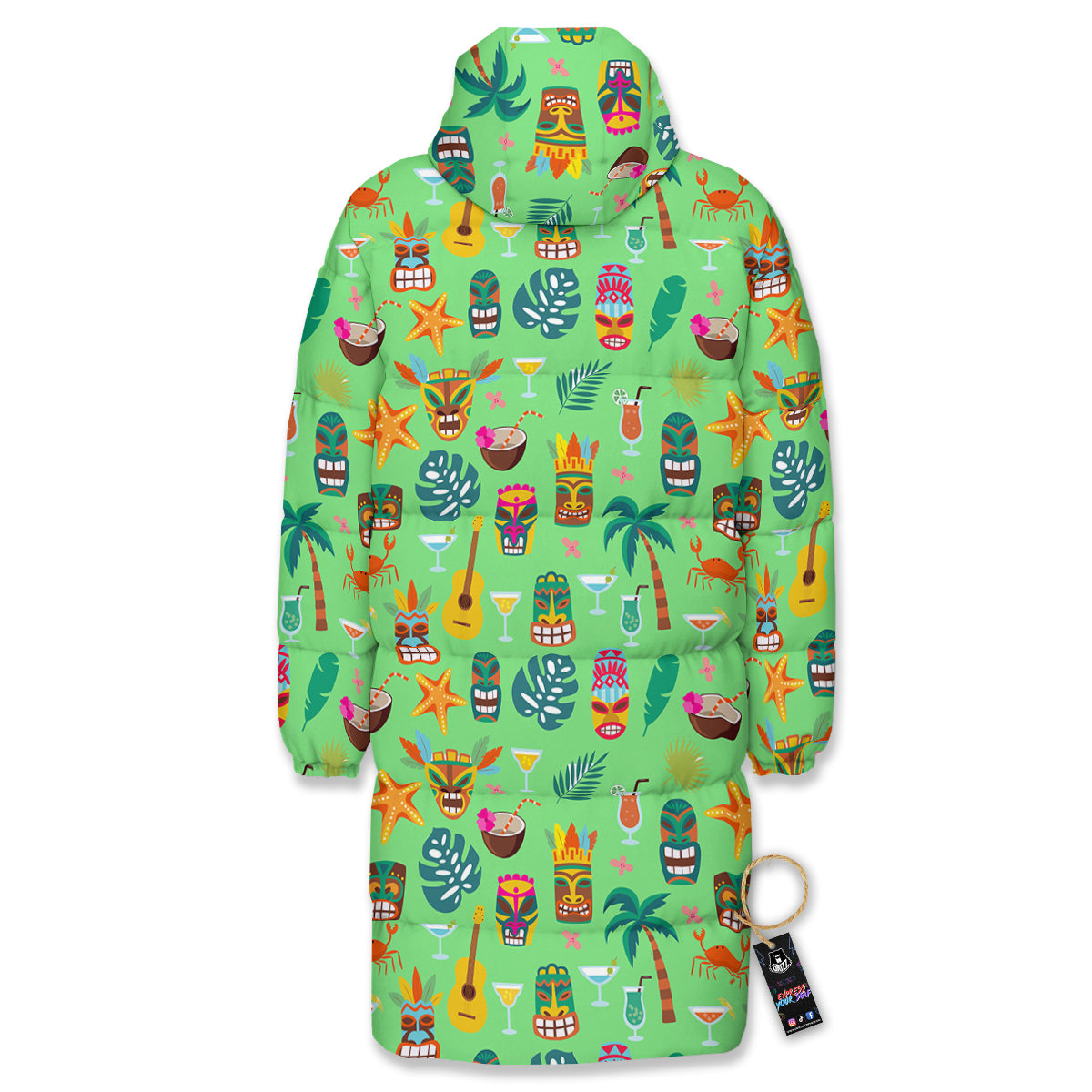 Tiki Colorful Print Pattern Long Down Jacket-grizzshop