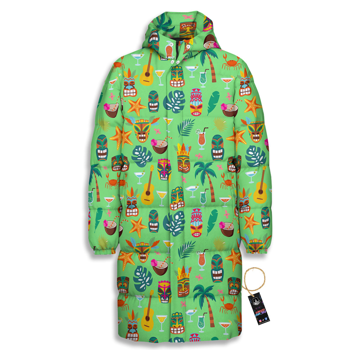 Tiki Colorful Print Pattern Long Down Jacket-grizzshop