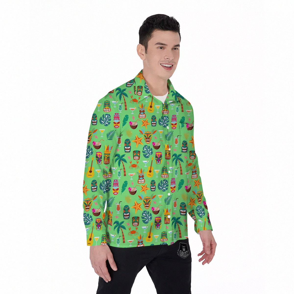 Tiki Colorful Print Pattern Men's Long Sleeve Shirts-grizzshop