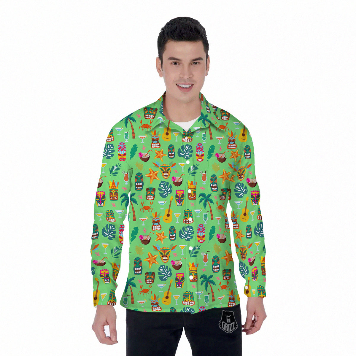 Tiki Colorful Print Pattern Men's Long Sleeve Shirts-grizzshop