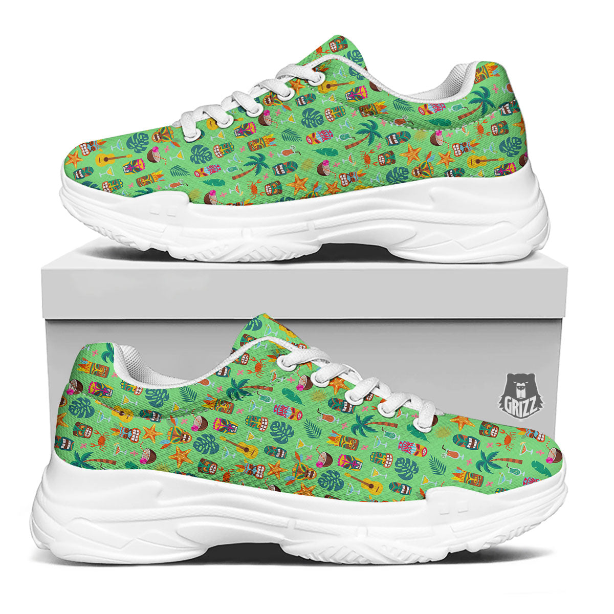 Tiki Colorful Print Pattern White Chunky Shoes-grizzshop