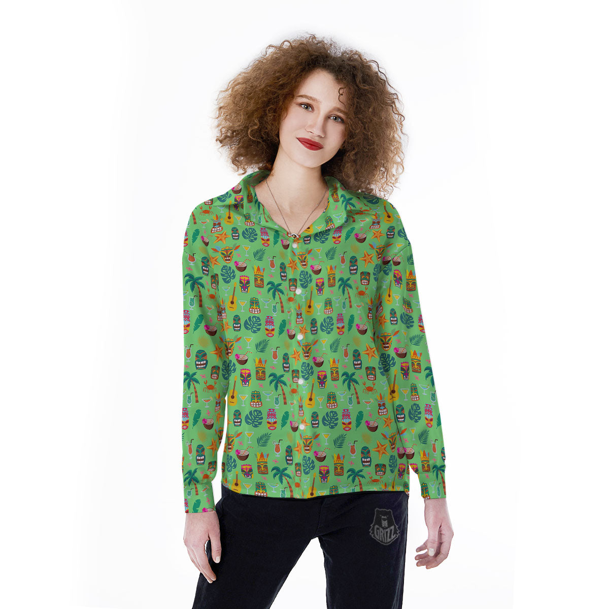 Tiki Colorful Print Pattern Women's Long Sleeve Shirts-grizzshop