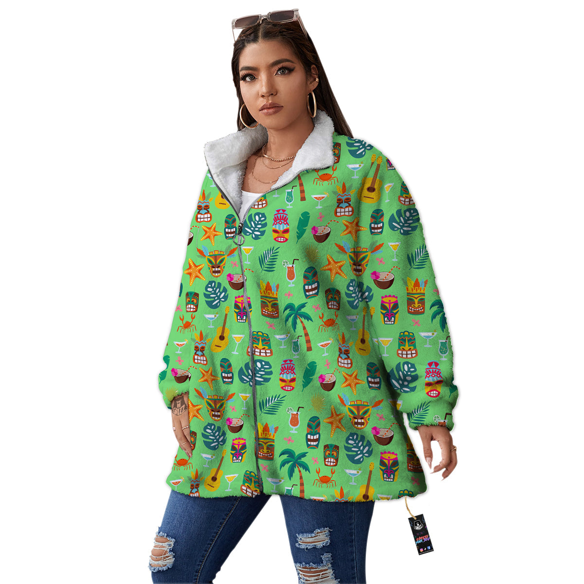 Tiki Colorful Print Pattern Women's Sherpa Jacket-grizzshop