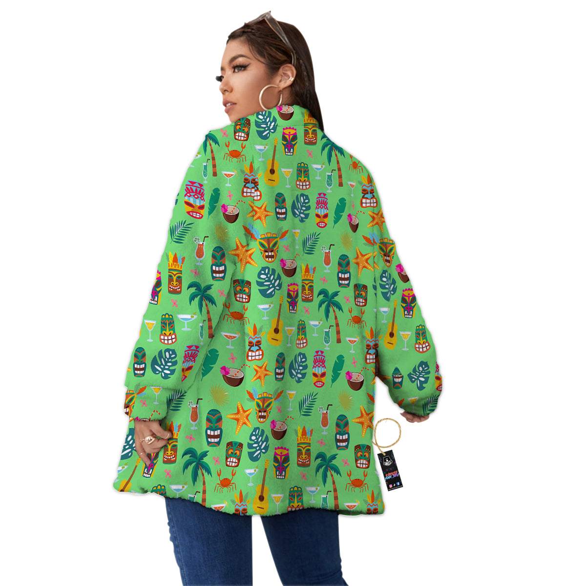 Tiki Colorful Print Pattern Women's Sherpa Jacket-grizzshop
