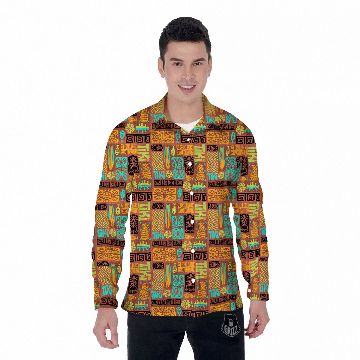 Tiki Ethnic Print Pattern Men's Long Sleeve Shirts-grizzshop