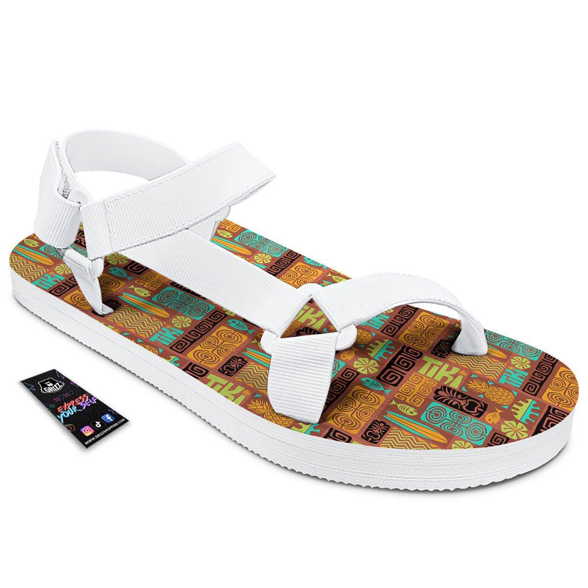 Tiki Ethnic Print Pattern White Open Toe Sandals-grizzshop