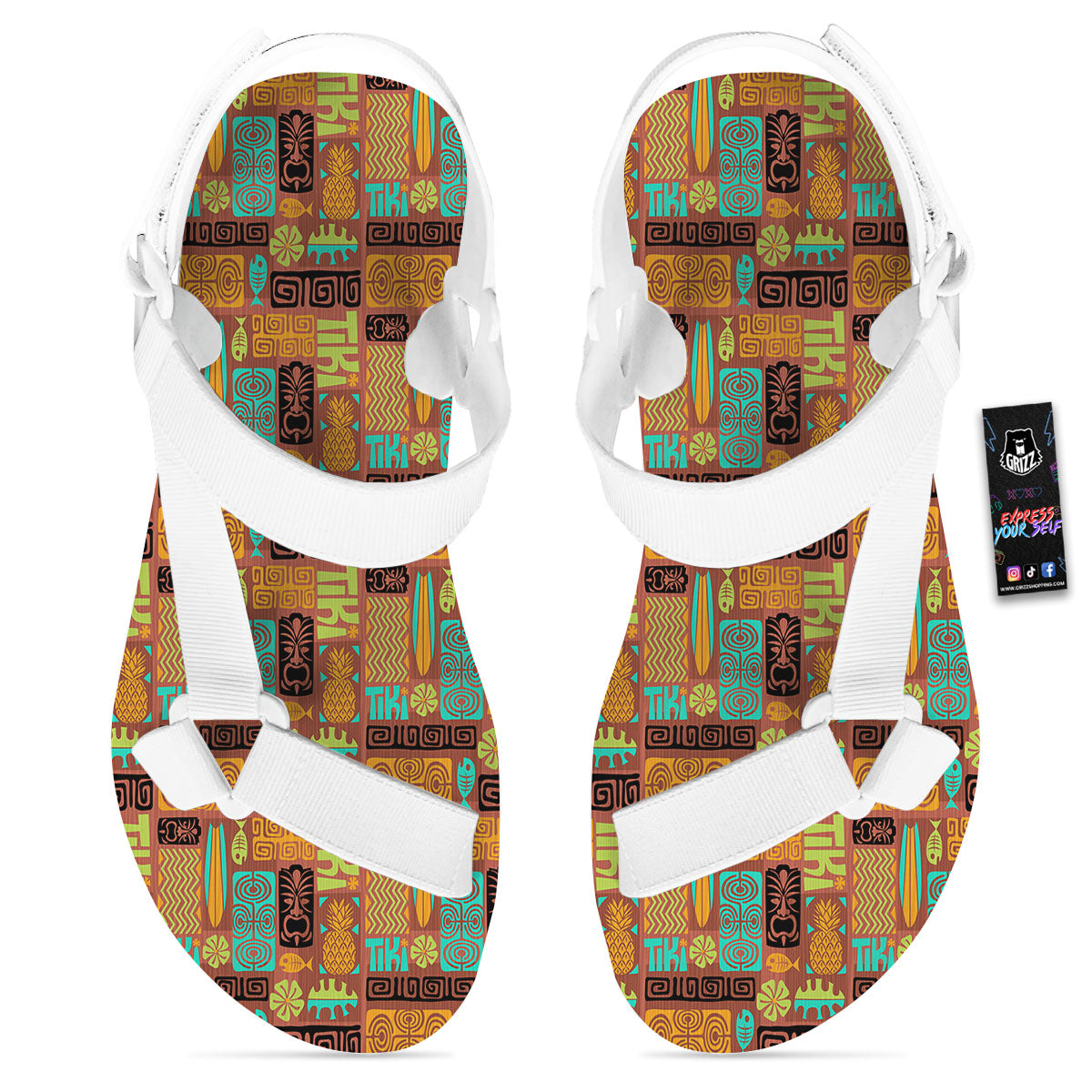 Tiki Ethnic Print Pattern White Open Toe Sandals-grizzshop