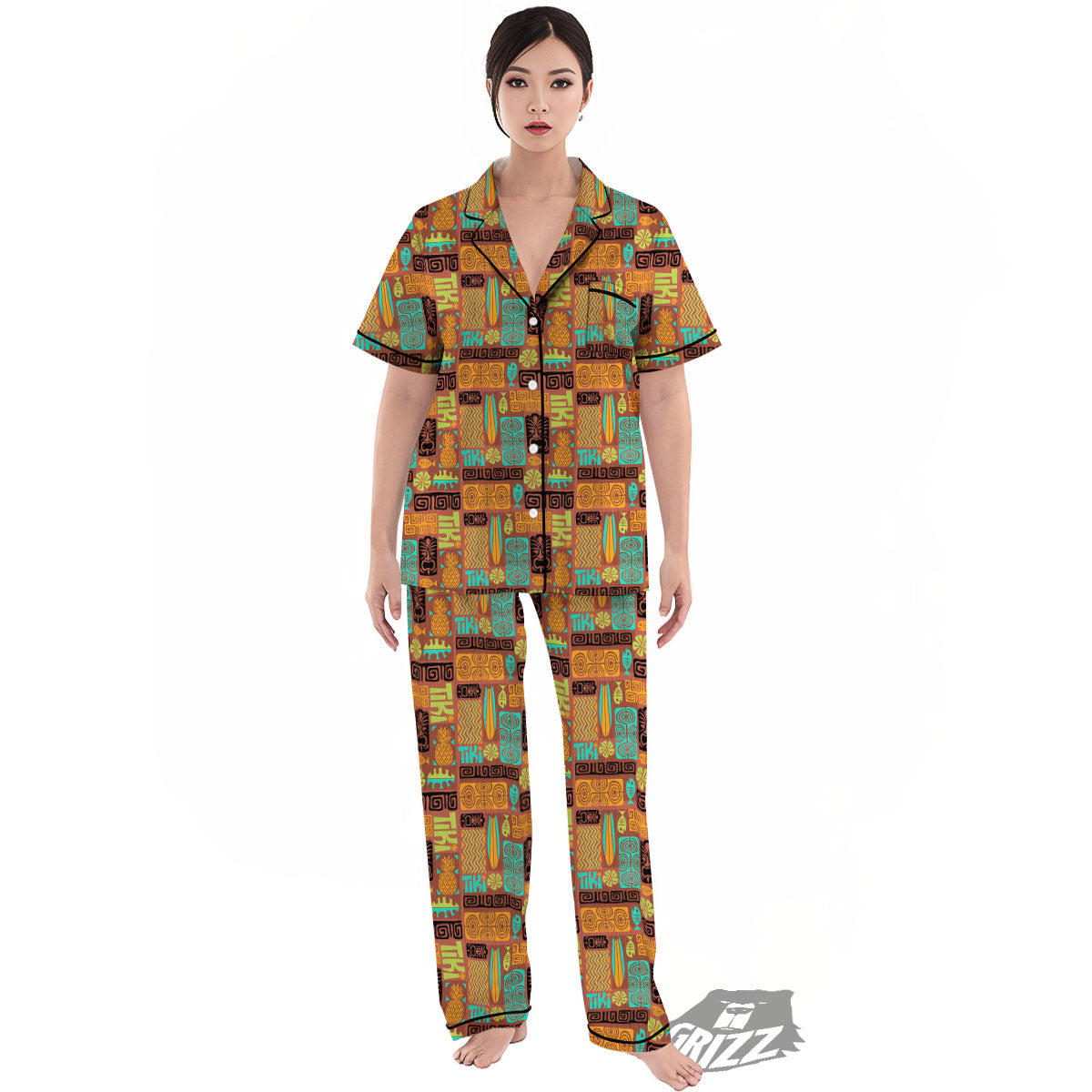 Tiki Ethnic Print Pattern Women's Pajamas Set-grizzshop