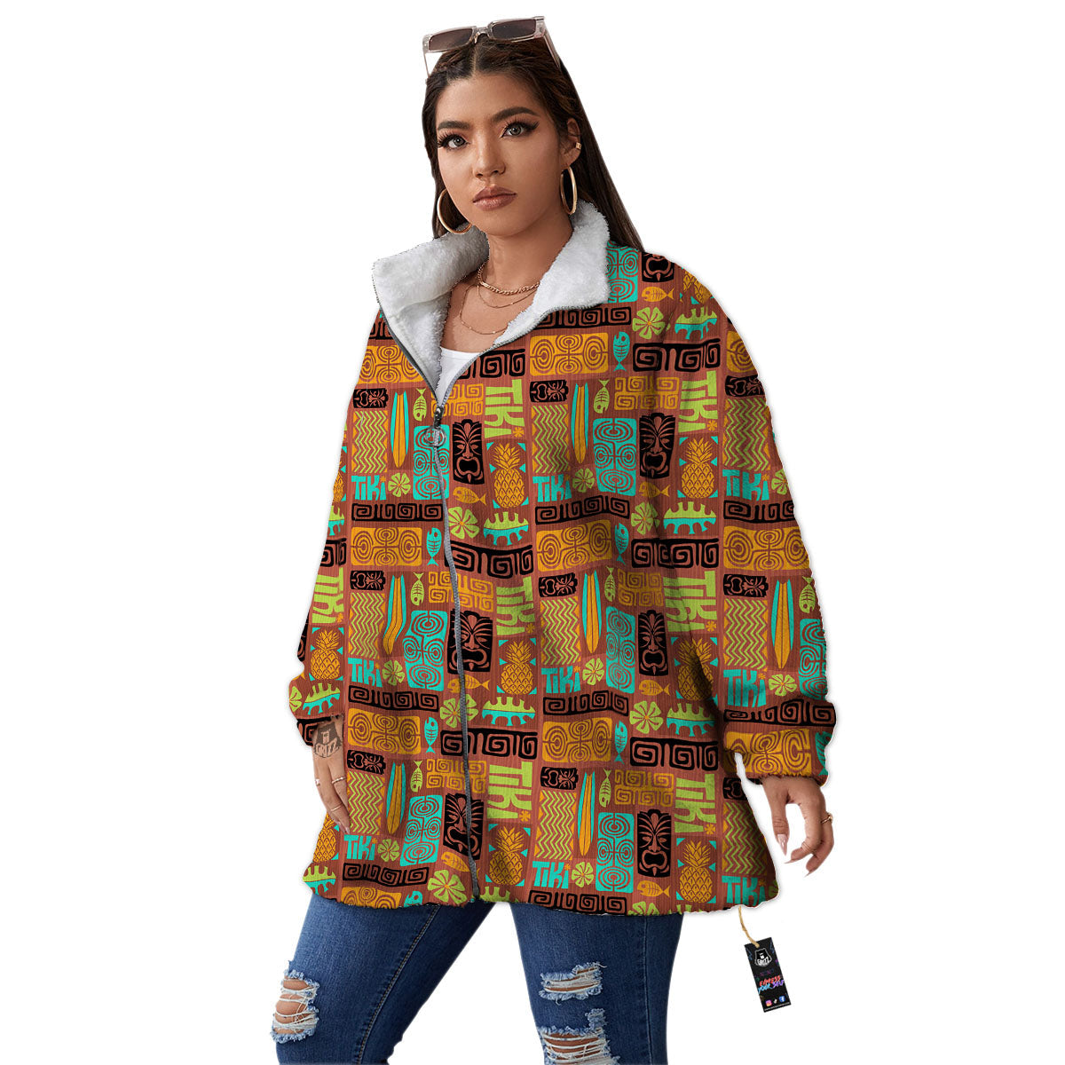 Tiki Ethnic Print Pattern Women's Sherpa Jacket-grizzshop