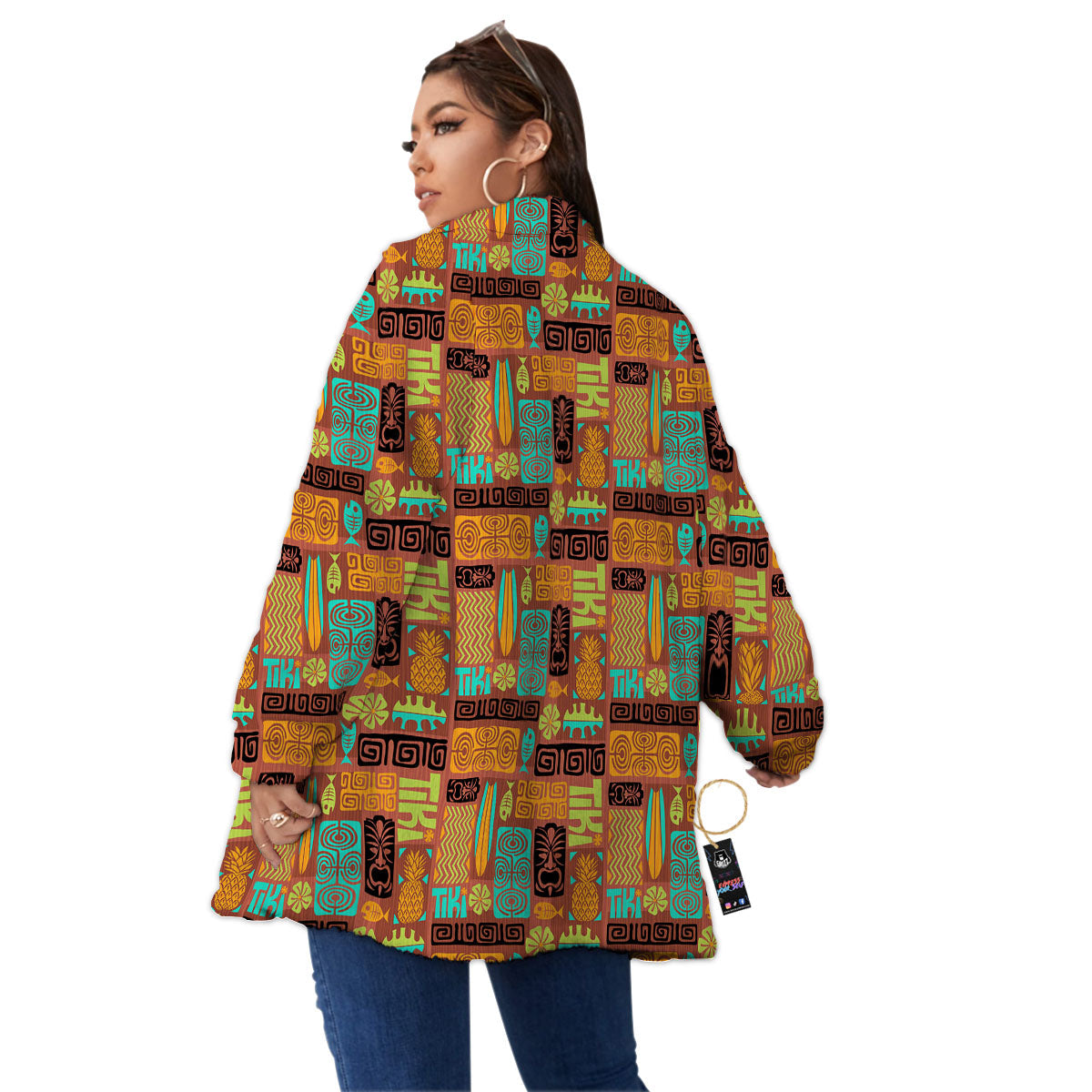 Tiki Ethnic Print Pattern Women's Sherpa Jacket-grizzshop
